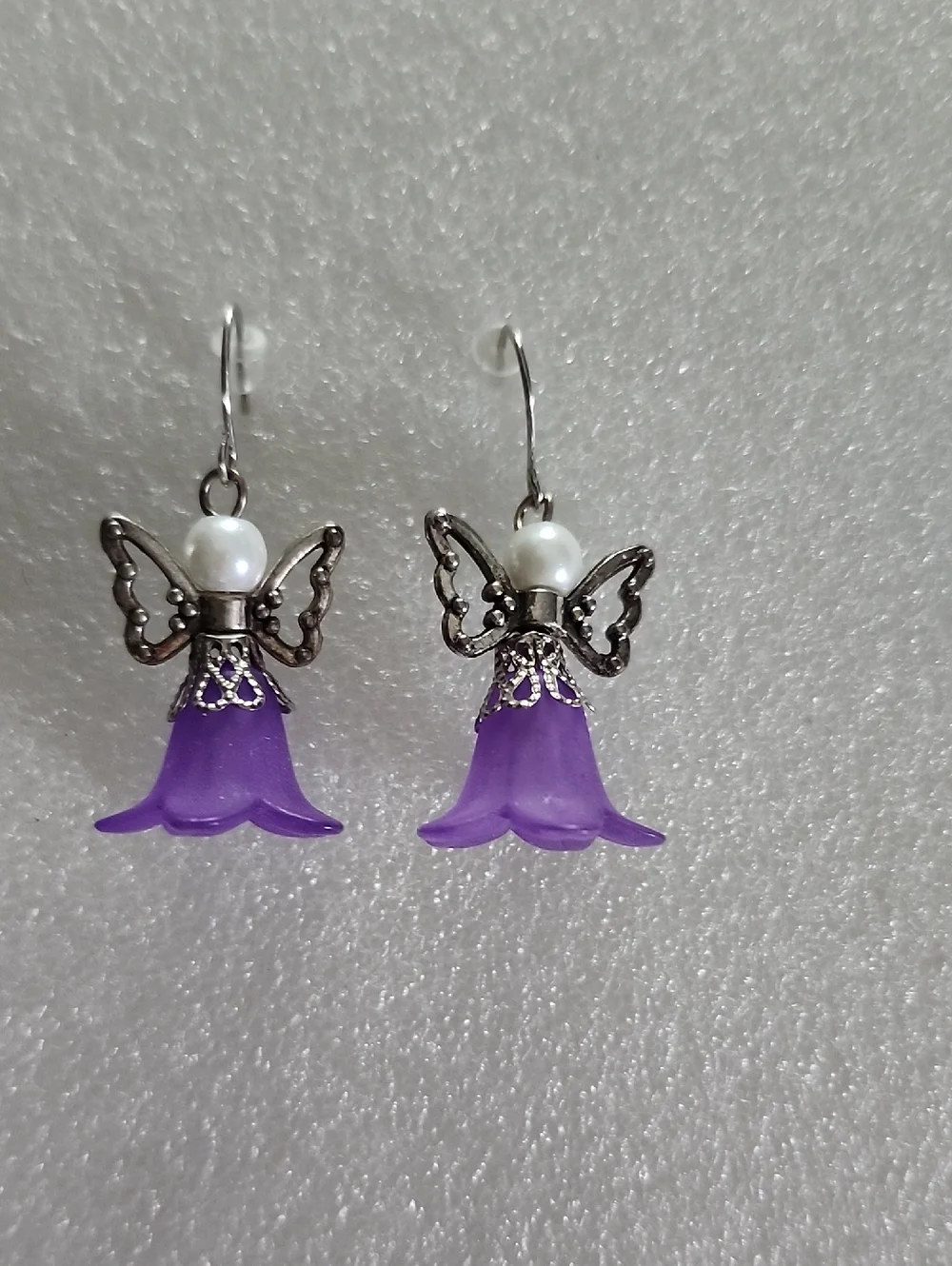 Hand Crafted Purple Angel Flower Drop Earrings with Pearl